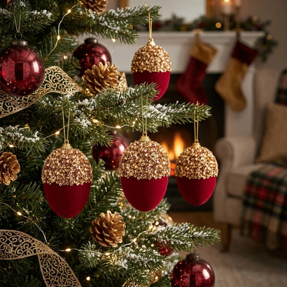 4pcs Gold Sequins Christmas Tree Decor Acorn Shape Hanging Pendant Christmas Ball Ornament New Year