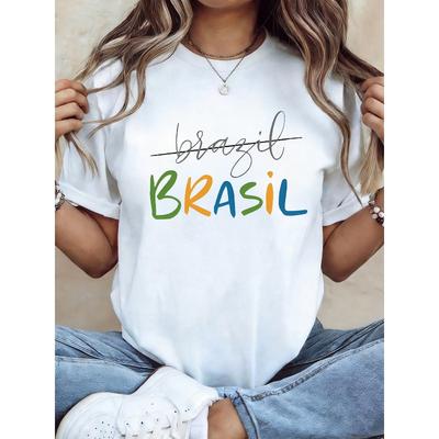 Женская футболка большого размера с графическим принтом 'Бразилия BRASIL', повседневная футболка с коротким рукавом и круглым вырезом для лета и весны, женская одежда