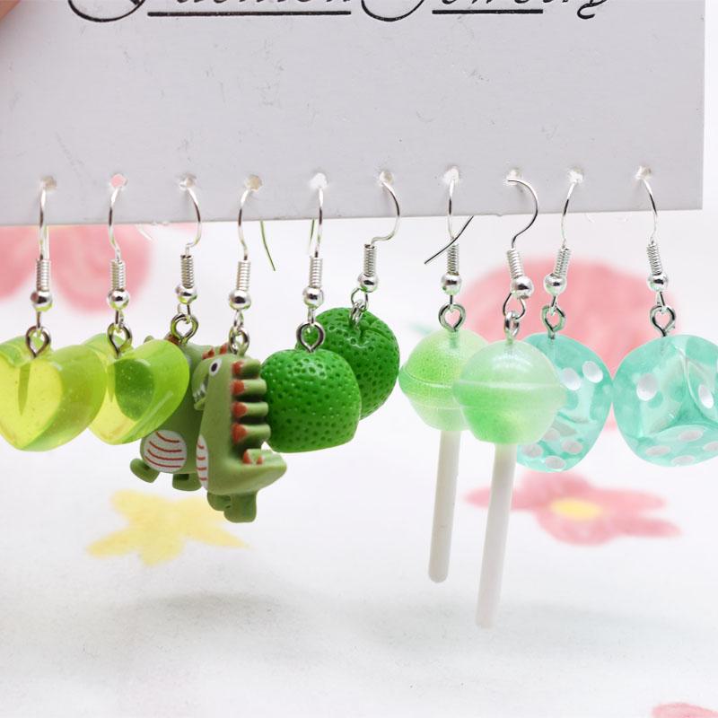 5 Pair Set Small Fresh Colored Resin Pendant Earrings Luminous Turtles Lollipop Ducks Rainbow Cat's Paws Dices Earrings Female