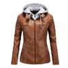 European and American Long Sleeved Women's Motorcycle Leather Jacket PU Leather Jacket Women's Short Style Detachable Hooded Slim Fit Leather Jacket