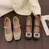 French Thick Heel High Heel Gray Single Shoes Women's Shoes 2025 Spring and Autumn Suede Square Head Rhinestone Mary Jane Evening Shoes