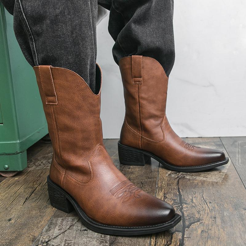 Men's Handmade Cowboy Boots for Men Genuine Leather Retro Western Boots with Pointed Toe for Riding, Horseback, Country Style