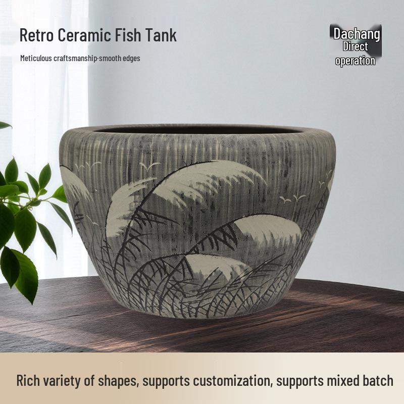 Jingdezhen Retro Goldfish Bowl: Large Ceramic Fish Tank with Water Lily and Lotus Design for Balcony or Courtyard