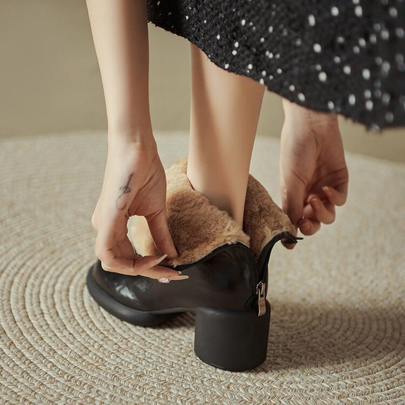 Fashion NEW Winter Women Boots Split Leather Shoes for Women Round Toe Chunky Heel Shoes Casual Zip Platform Shoes Warm Wool Snow Boots
