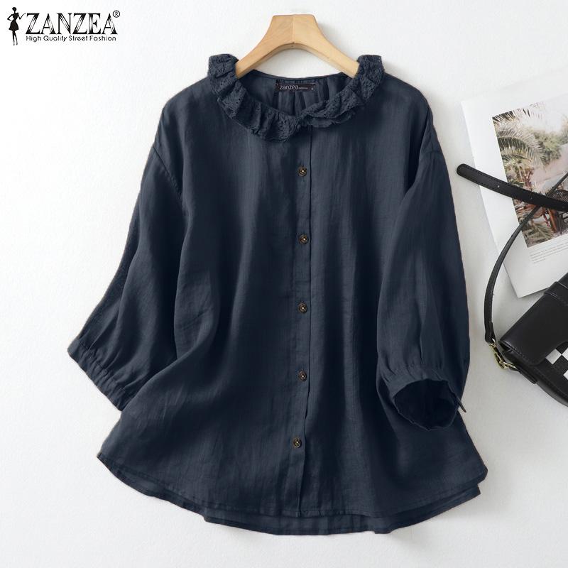 ZANZEA Womens Lace Splice Round Neck 3/4 Sleeve Loose Blouse