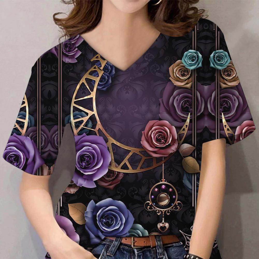 Женские топы с 3D цветочным принтом и коротким рукавом с V-образным вырезом, летние футболки для влюбленных пар