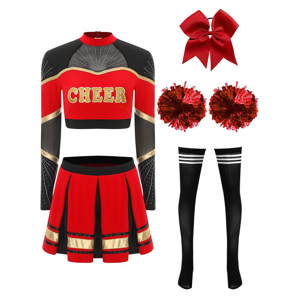 Women Cheerleading Performance Dance Outfit Long Sleeve Mock Neck Rhinestones Crop Top Pleated Skirt Hair Tie Set