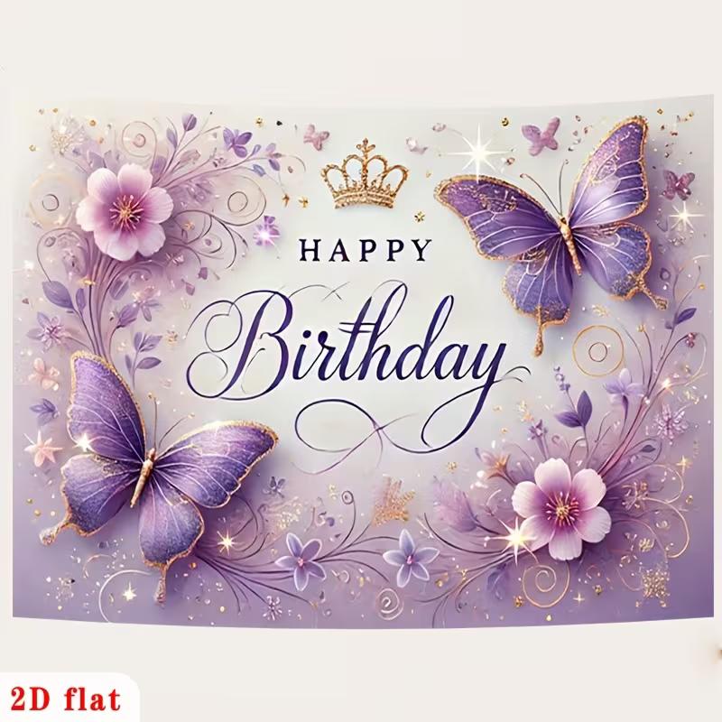2D Soft Purple & Gold Butterfly Themed Birthday Photo Booth Background Cloth