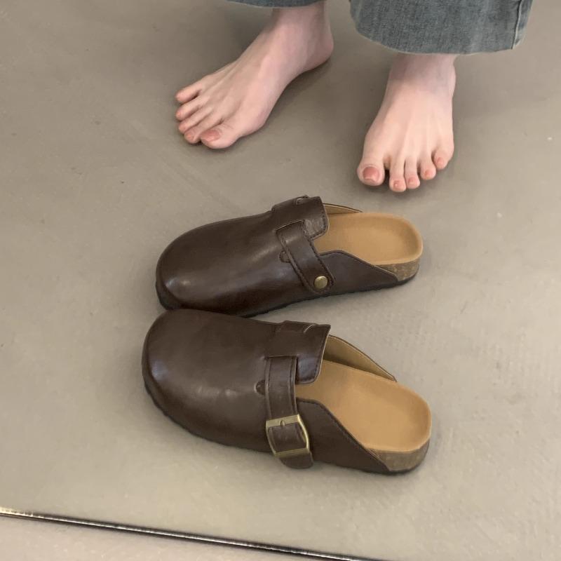 Autumn New Baotou Slippers Women's Fashion Round Toe Deep Mouth Metal Buckle Soft Sole Non-slip Flat Shoes