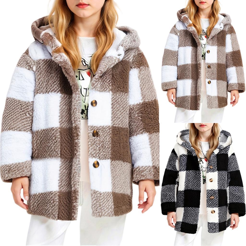 Children's Fashion Plaid Long Sleeved Hooded Plush Warm Jacket