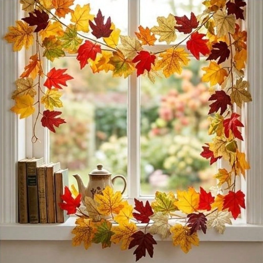2Pcs Fall Artificial Maple Leaf Wreath—Harvest Festival, Thanksgiving, and Halloween Decorations; Artificial Maple Leaves and Vine; Outdoor Garden