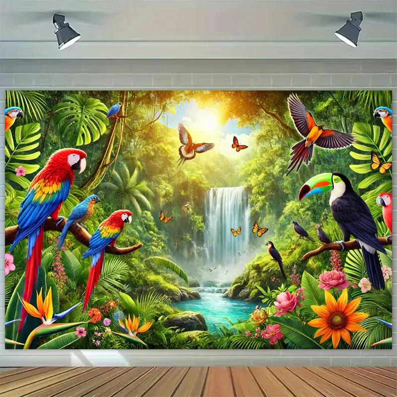 2D Rainforest Bird Waterfall Tapestry Macaw Toucan Backdrop Cloth for Living Room