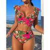 2025 Women's High Waist Slimming Split Bikini with Cross-Border Print and Bandage Design for Vacation