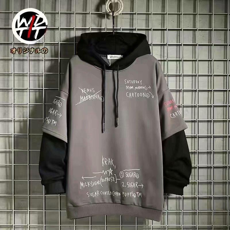 Весна Осень Мужской свитер Ретро Имитация Двойки Капюшон Корейский Хип-Хоп Принт Толстовка Свободный Худи Мужская Флисовая Утепленная Куртка