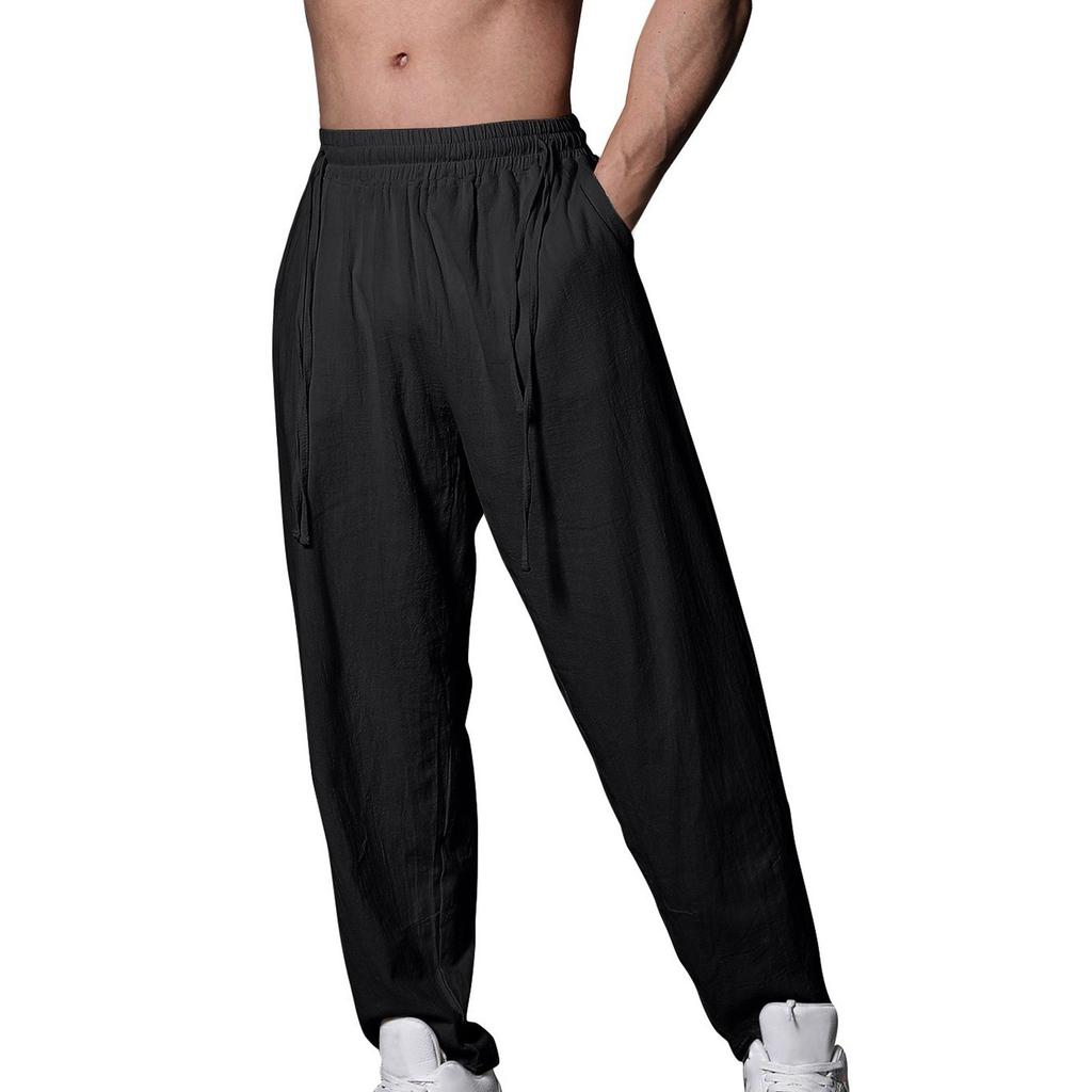 Мужские летние повседневные брюки на шнурке Мужские дышащие брюки из хлопка и льна