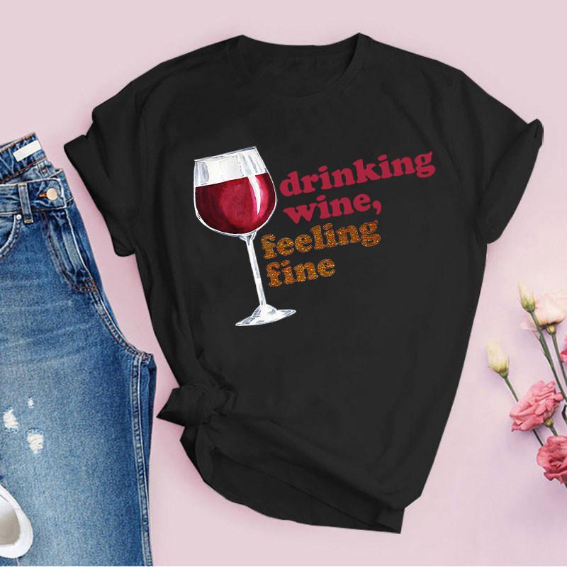 Red Wine Glass Pattern Pure Cotton Printed Unisexs and Womens Fashion Trend Tshirt New Personalized Round Neck Casual Tshirt