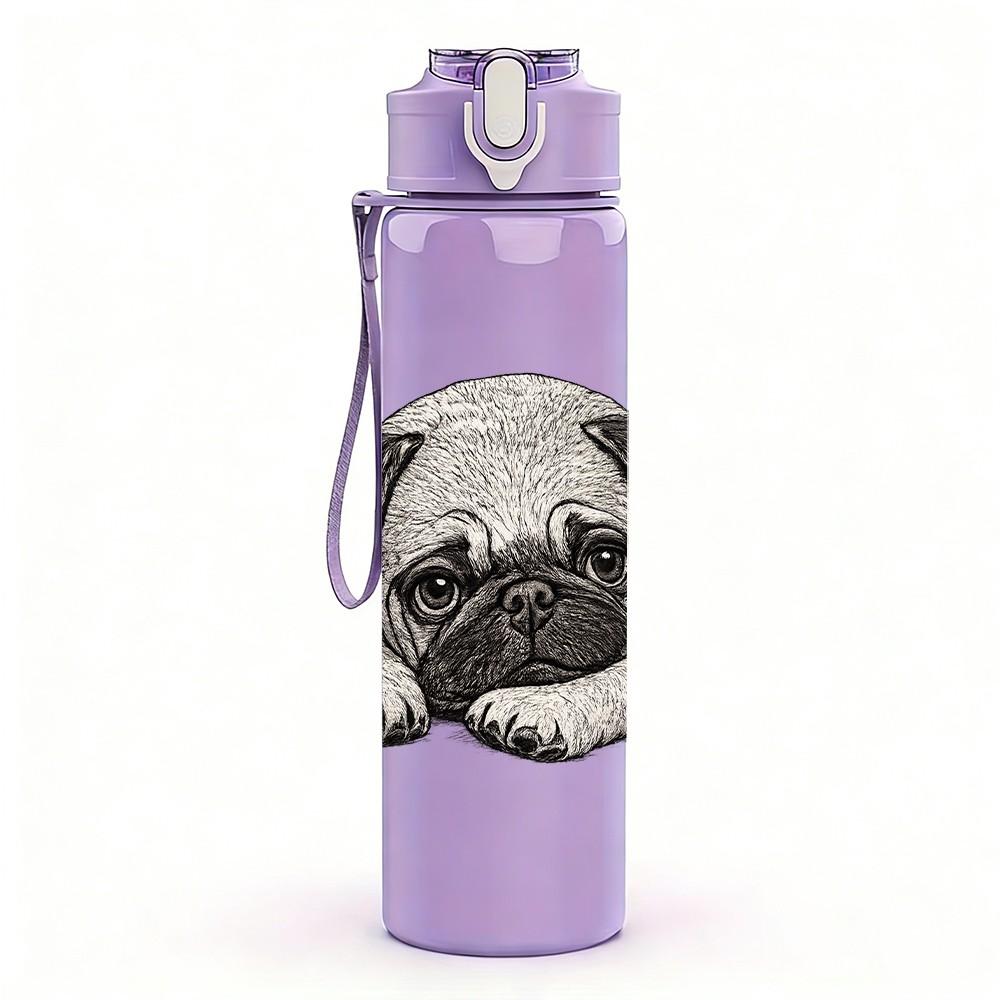 1PC Sad Pug Puppy Dog Pet Portrait Print 750ml Color Plastic Sports Water Bottle Leakproof Flip Straw Lid Suitable for Sports Office Home Use
