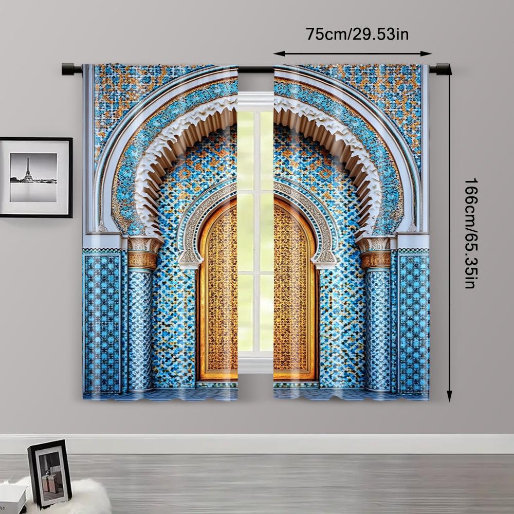 2pc, Curtain Ancient Morocco Palace Door Print Durable Polyester,Without Electricity Versatile Suitable for Multipurpose Event