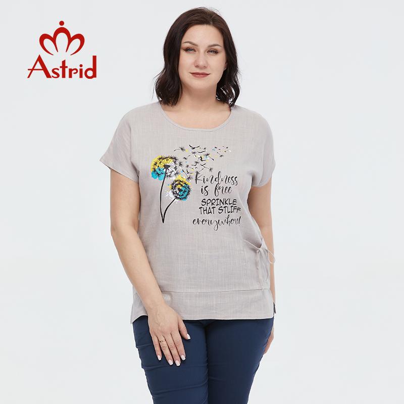 Летняя женская футболка Astrid, новинка 2023 года, хлопково-льняной топ, футболка большого размера с короткими рукавами, модный узор, женская одежда с буквенным принтом