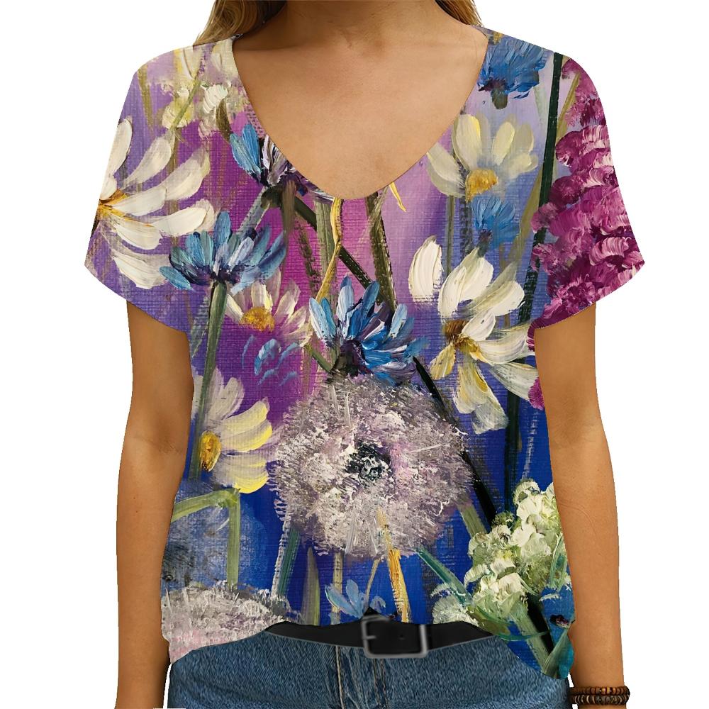 Summer 2023 Novelty Horse Dragonfly Print Short Sleeve T-Shirt, Loose Informal Street Top, Oversized V-Neck, 3D Flower Print Vin