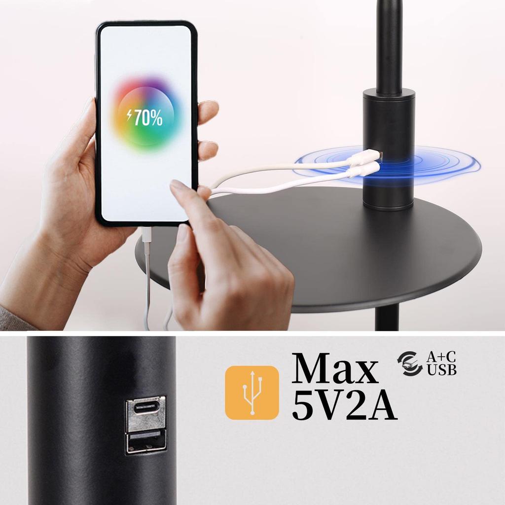 LED Floor Lamp, Ambient Lighting, USB-A + Type-C Charging, Color Temperature Adjustment, Stepless Dimming, Storage Base, Remote Control, Auto-Off,