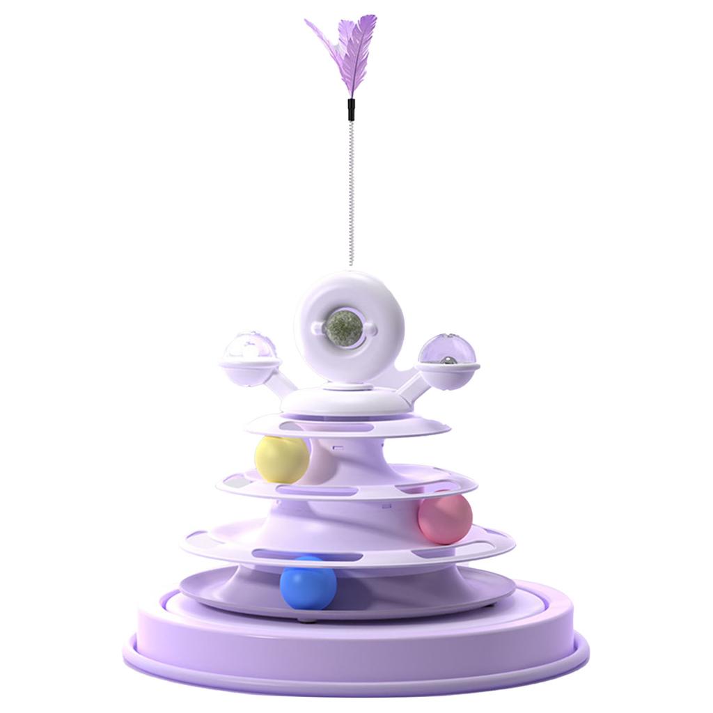 Cat Ball Tower Toy with Feather Catnip 4 Layer Rail Pet Turntable Game for Exercise Purple