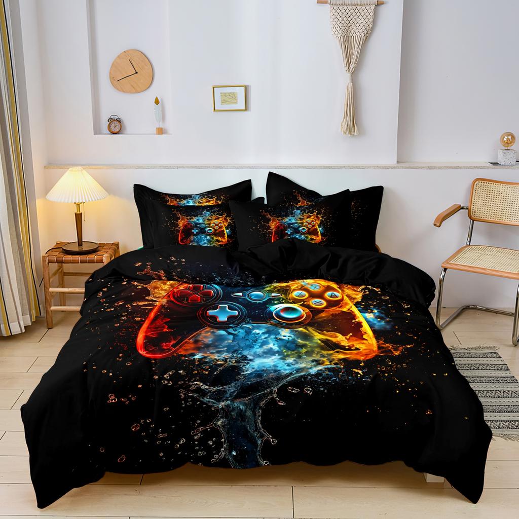 3pcs Video Game Controller Mouse Keyboard Headphone Pattern Duvet Cover Set - Modern Fashionable Cool Gamepad Print