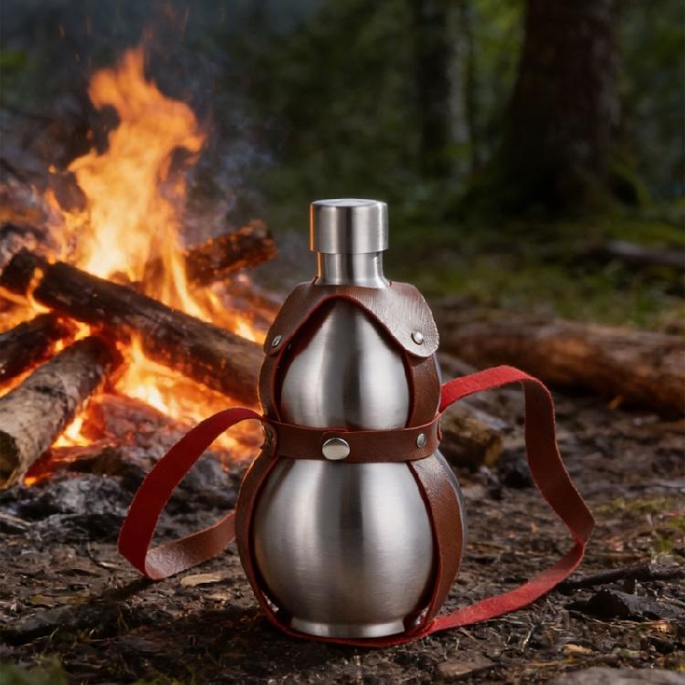 Silver 500ml Stainless Steel Travel Gourd Shape Water Bottle With Practical Carry Leather Strap Whiskeys Liquor Flask