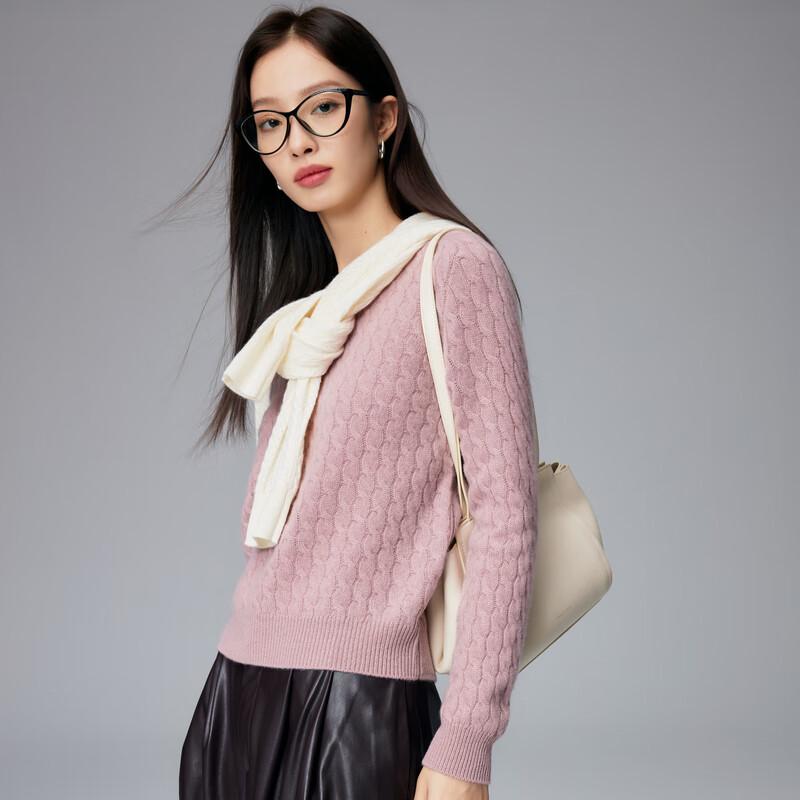 Paruo Women's 100% Cashmere Round Neck Cable Knit Sweater