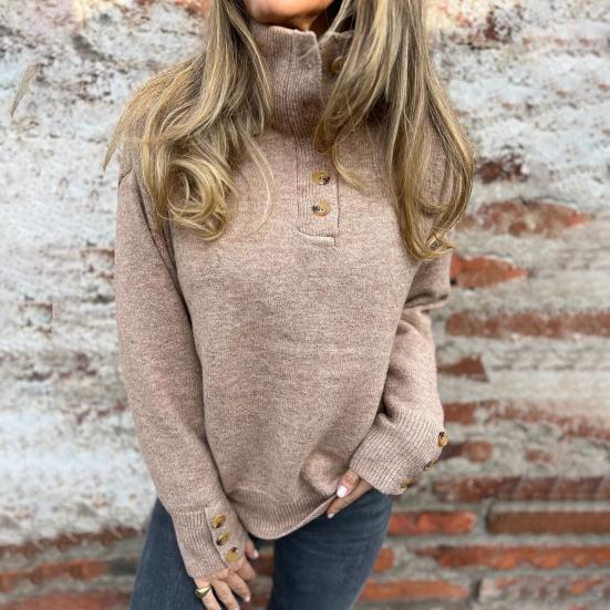 Women Pullover Sweater Stand Collar Buttons Half Placket Long Sleeve Knitting Tops Solid Color Loose Fit Casual Sweater