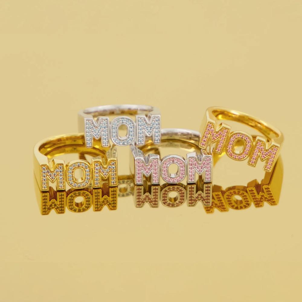 Zinc Zinc Alloy Zircon Letter Ring Jewelry Gift for Mother's Day Trendy MOM Ring Overlay