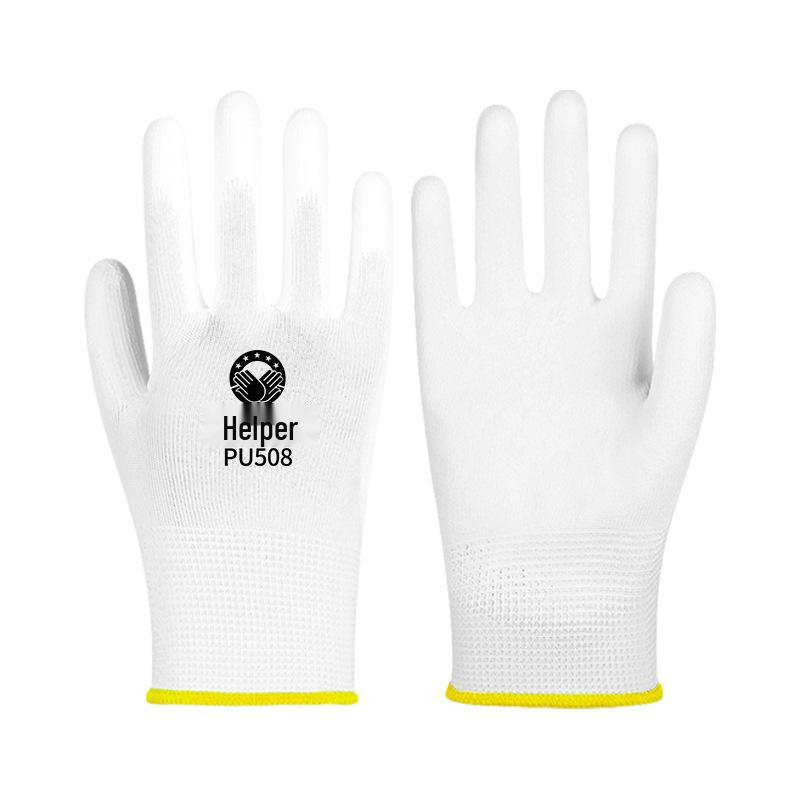 Белые перчатки с полиуретановым покрытием на ладони, антистатические, безворсовые, защита пальцев цветной полосой