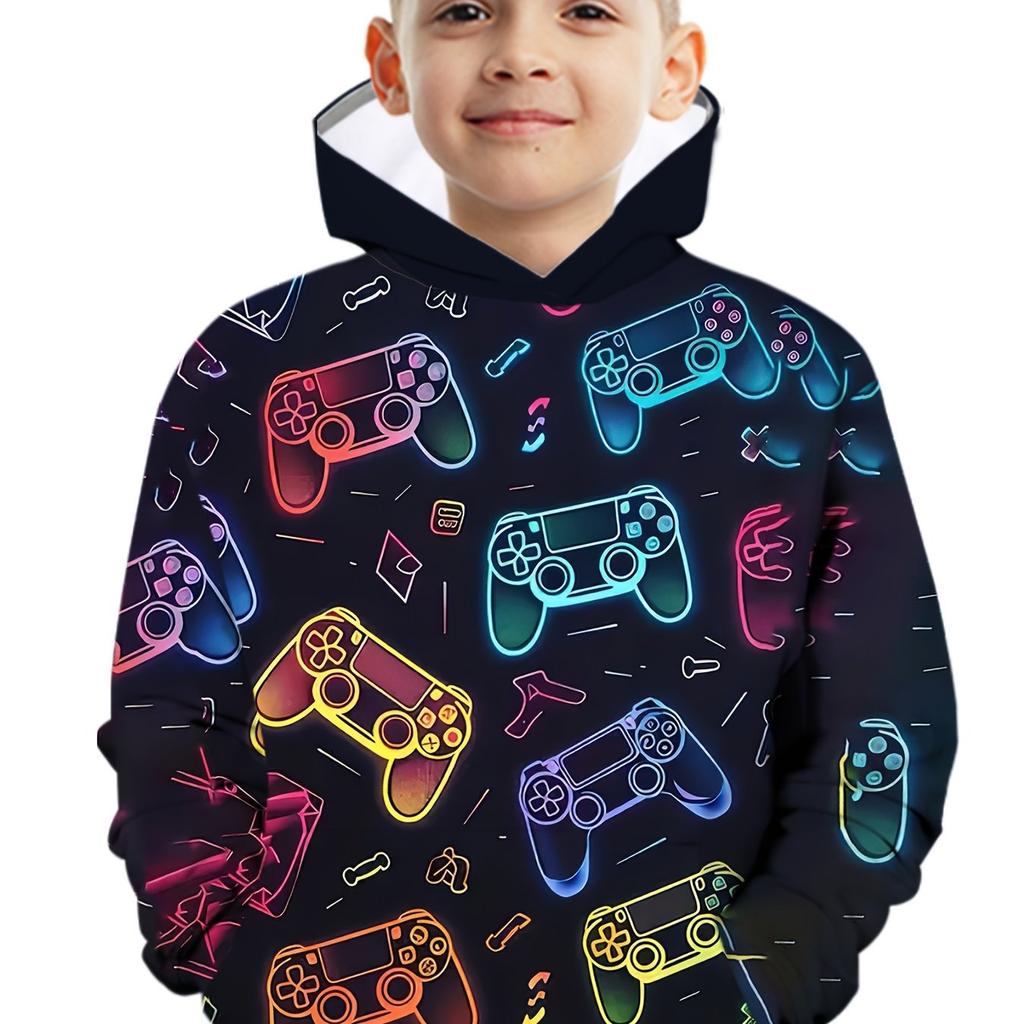 Stylish Boys 3D Print Long Sleeve Hoodie - Soft Slight Stretch Polyester Fabric, Regular Fit, Machine Washable, Random Pattern