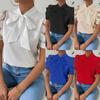 Женская летняя атласная блузка с бантом на шее, сетчатая с 3D-цветами, короткий рукав, однотонная, элегантная, для офиса, повседневная рубашка, топ