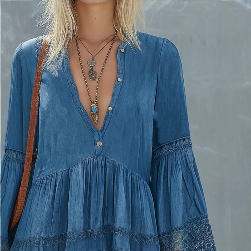 Vintage Lace Patchwork Dress Loose Fit Short Vacation Womens Casual