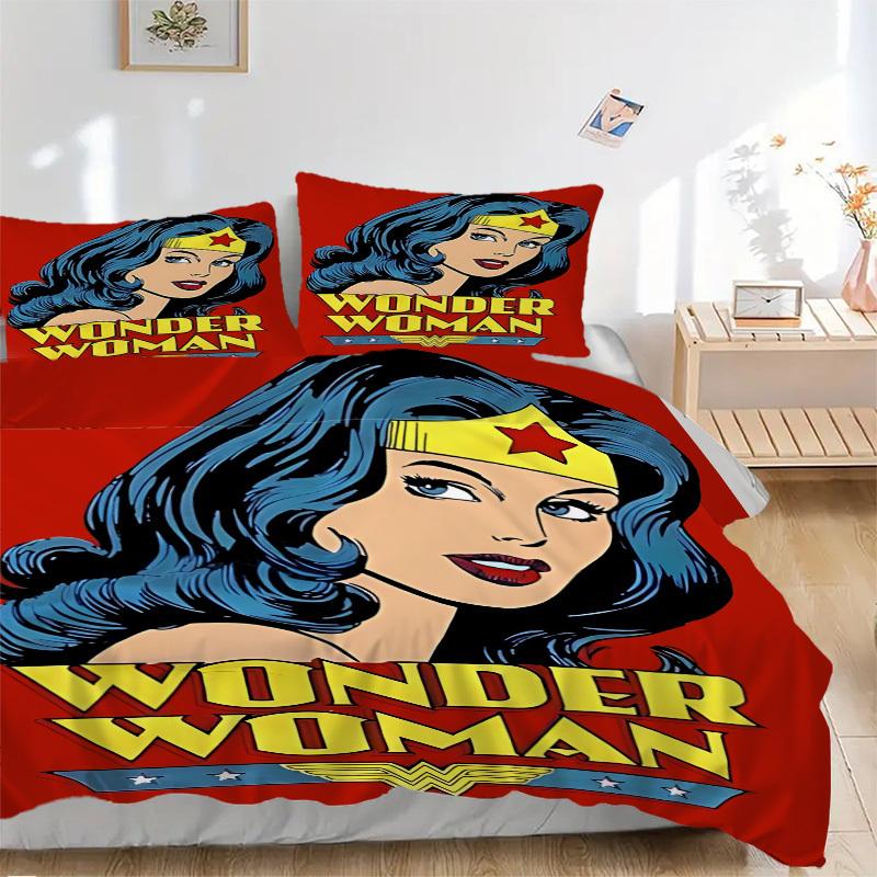 3pcs Wonder Woman Bedding Set, Soft Polyester Duvet Cover and Pillowcases Machine Washable Seasons all suitable & Guest Room Decor282