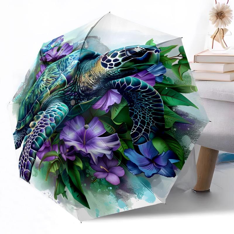 Ocean's Grace: Sea Turtle Artistry Automatic Umbrella Folding Umbrella with 8 Ribs Lightweight Durable Everyday Carry Umbrella Fashionable Accessory