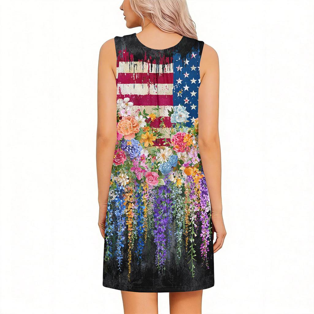 Sleeveless Tearable Post Shoulder Surgery Dress Women Floral American Flag Print Independence Day Casual Summer Dress
