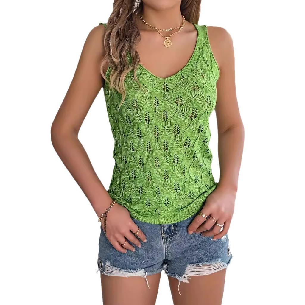 QICED Summer Solid Color V-neck Cutout Leaf Sleeveless Knitted Sweater Vacation Vest Women's Wear