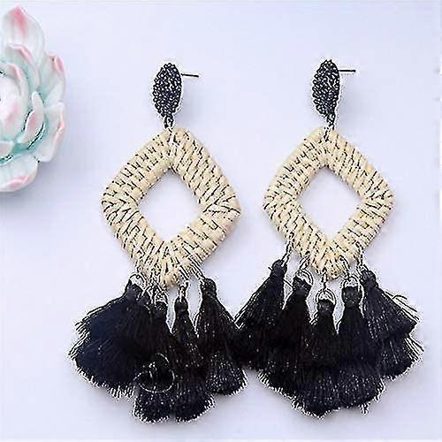 Bohemia Tassel Earrings Statement Handmade Dangle Ethnic Fringe Earrings Bamboo Weaving Geometric Square Sector Gifts For Women Girls