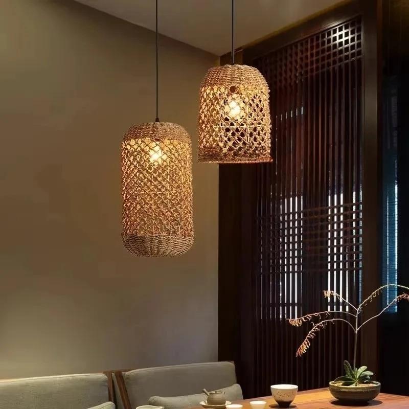 Retro Bamboo Woven Pendant Lamp Rattan Woven Room Dining Japanese Bamboo Art Lantern Tea House Lighting Fixtures