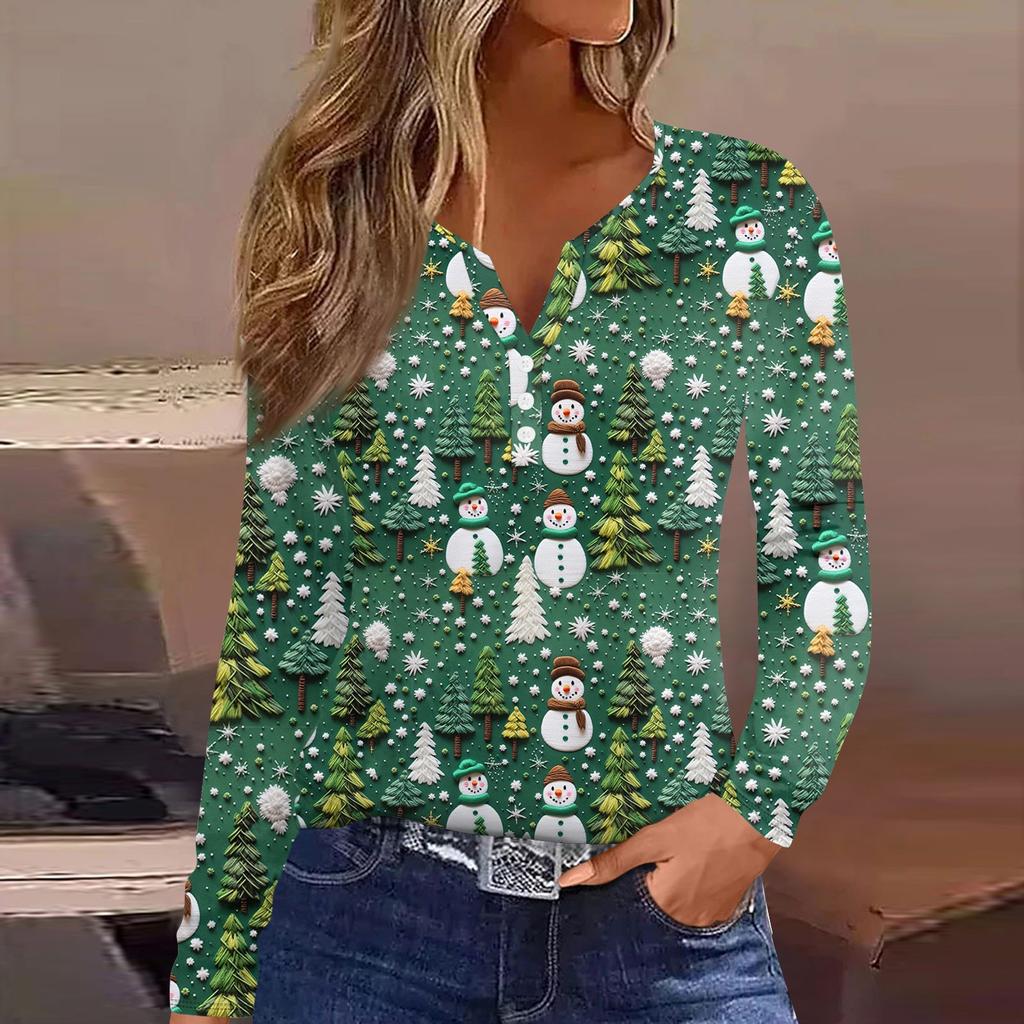 Женская модная повседневная футболка с длинным рукавом и V-образным вырезом на рождественском принте на пуговицах