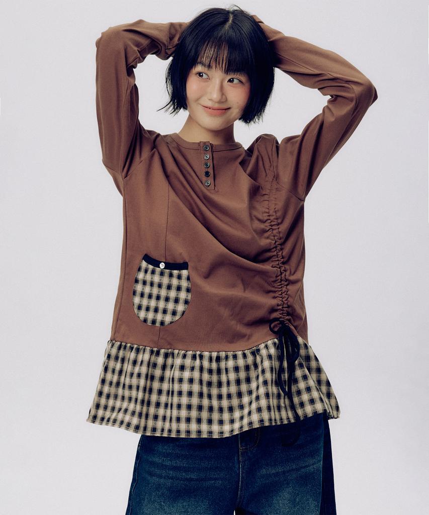 SOME PLACE Side Shirred Check Contrast Frill Button Layered Long Sleeve T-Shirt [Brown]