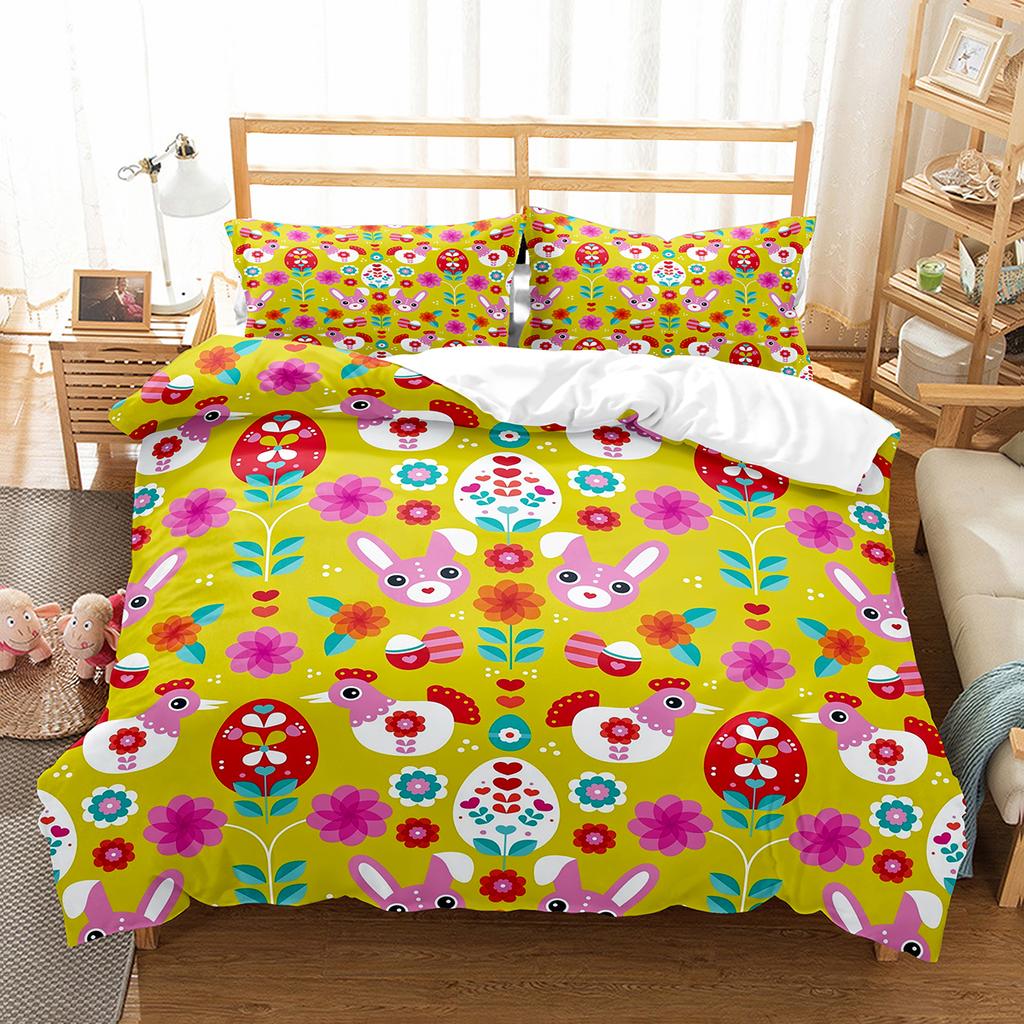 Пододеяльник с рисунком кролика из мультфильма Twin Queen, комплект постельного белья с разноцветными яйцами, микрофибра, цветочное одеяло, покрывало для девочек и мальчиков, пасхальный подарок