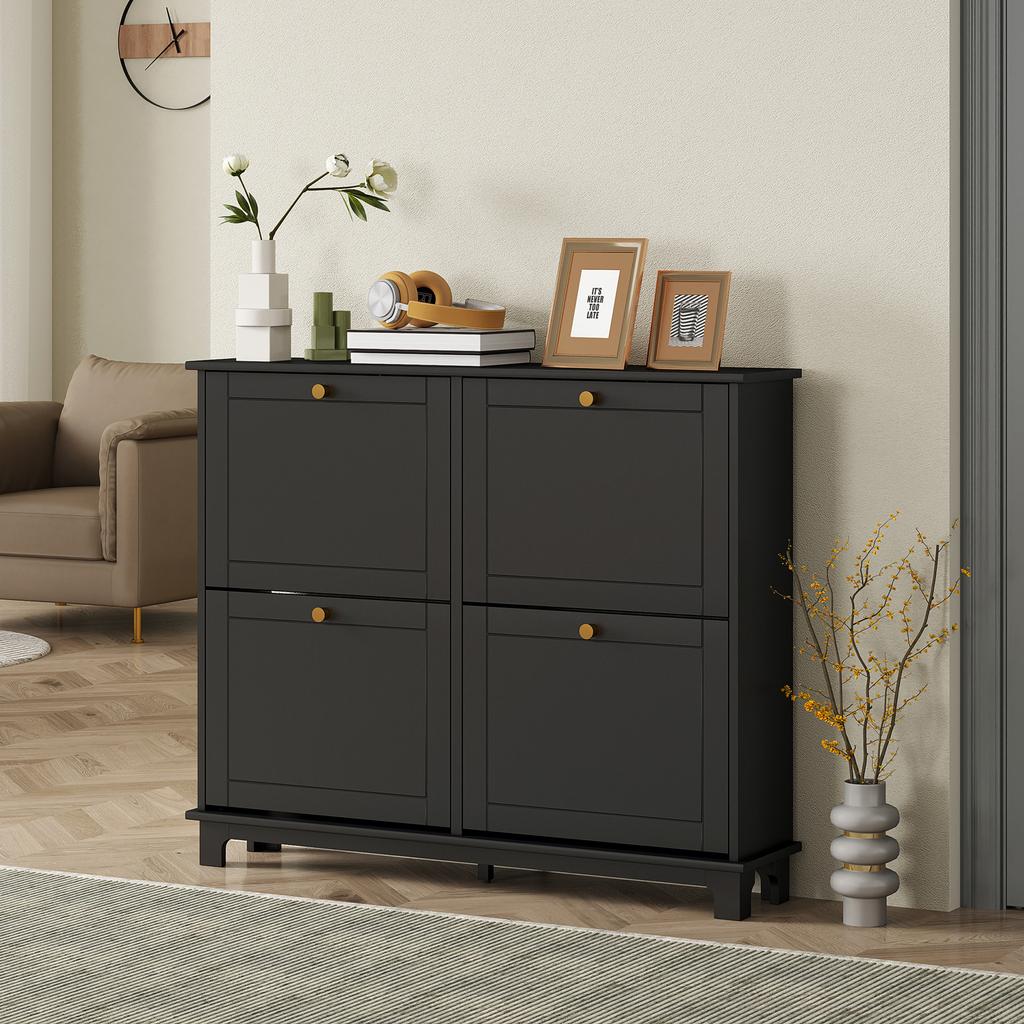Narrow Shoe Storage Cabinet, Slim Shoe Cabinet with 4 Flip Drawers, Adjustable Shelves for 16 Pairs of Shoes, Black