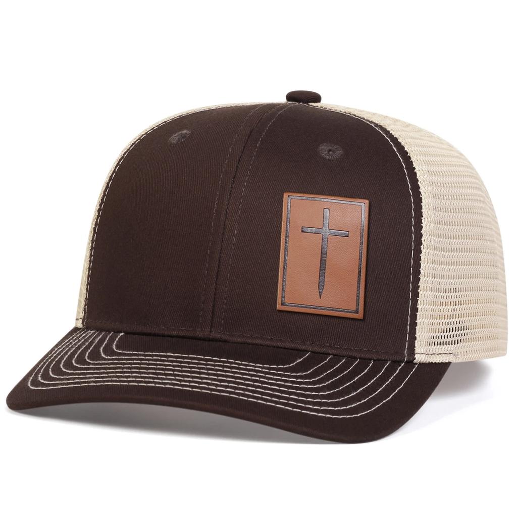 Unisex Cross Brown Leather Label Baseball Net Caps Outdoor Adjustable Spring and Summer Casual Sunscreen Hat