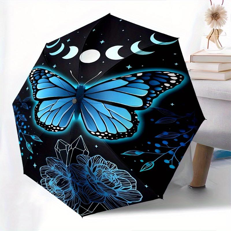 Butterfly, Night Sky Automatic Folding Umbrella 8 Ribs, Durable Iron Frame, Bright Color Pattern Compact Travel Umbrella, Suitable for Outd