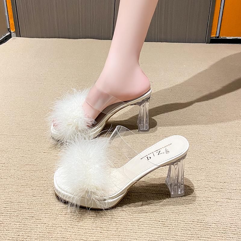 Fashion Slipper Ladies Summer New Open Toe Plush Fox Fur Chunky Flip Flops Sexy Family Party Square Toe Simple Heels Crystal