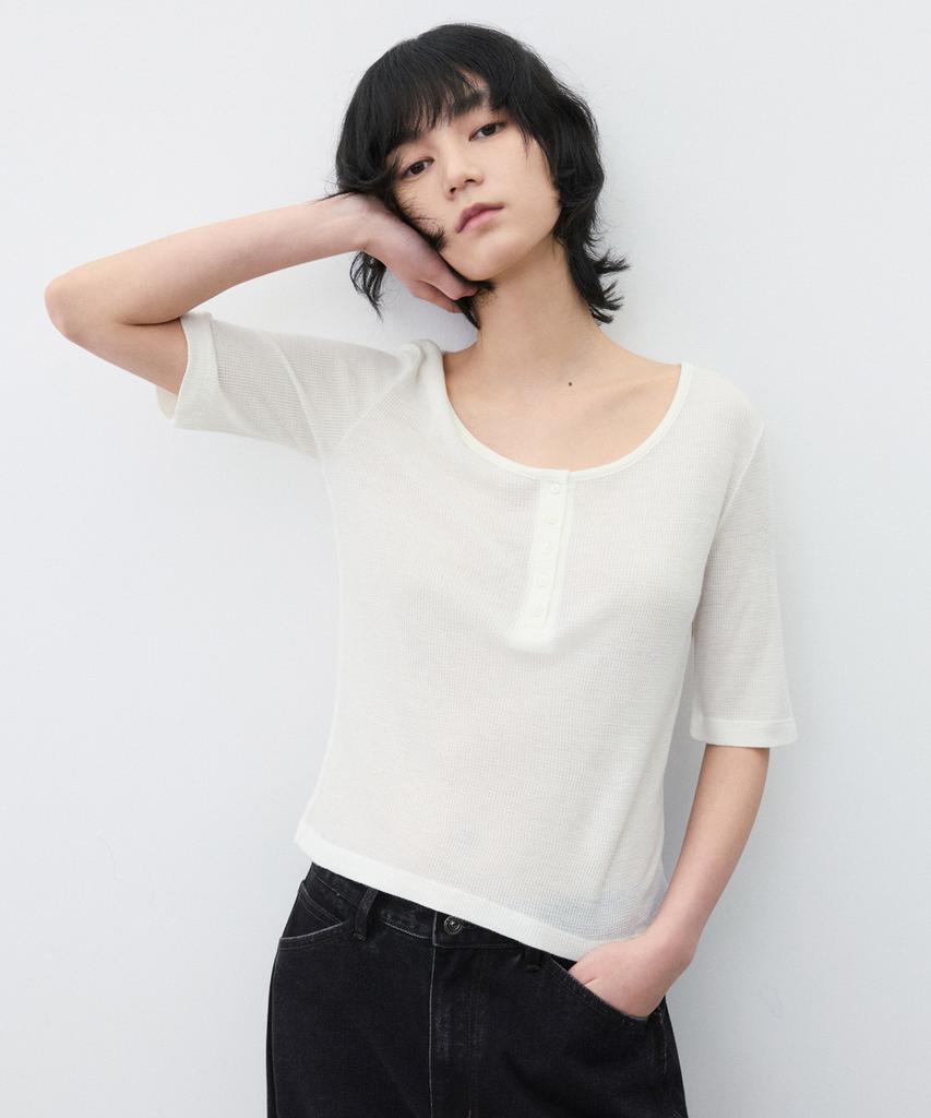 SUARE WOMEN Wool Waffle Two-Way Half Sleeve White