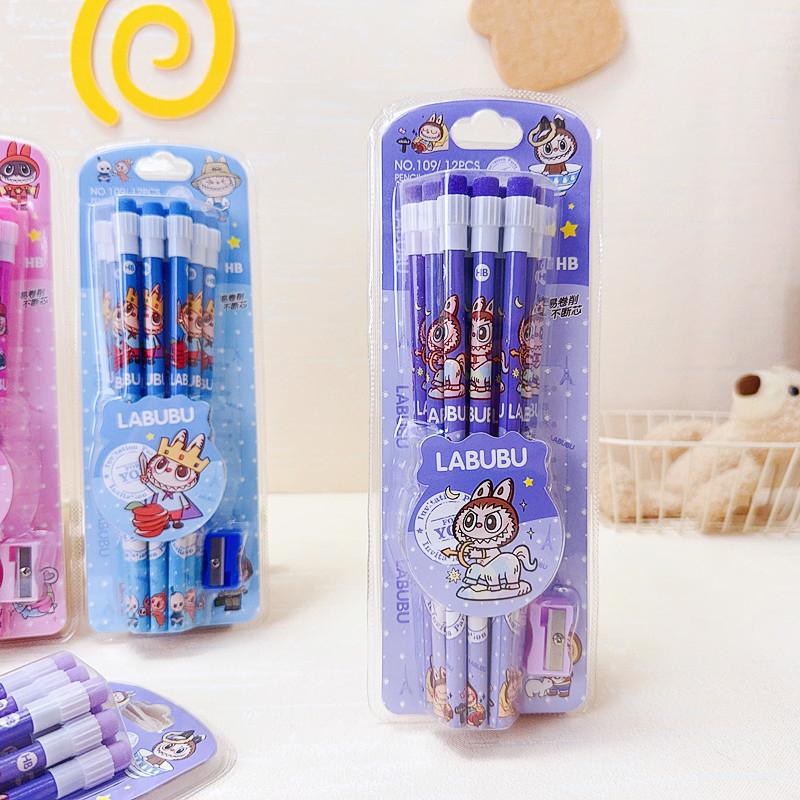 Набор из 12 мультяшных карандашей Labubu с ластиком и точилкой для карандашей, студенческие карандаши для письма и рисования, студенческие канцелярские товары, школьные принадлежности